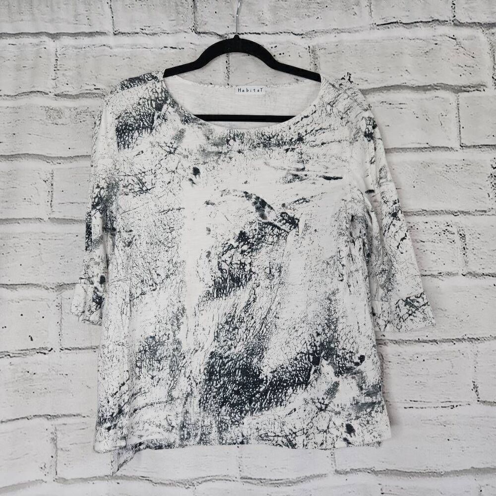 Habitat White & Black Splatter Print Cotton Boat Neck 3/4 Sleeve Top Size XS